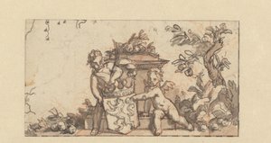 Desenho para uma vinheta com dois putti com o brasão de armas da Holanda de Gerard de Lairesse