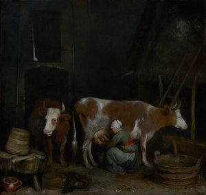 Uma criada a ordenhar uma vaca num celeiro de Gerard ter Borch
