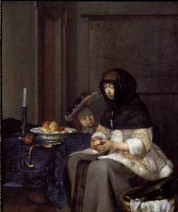Uma mãe descascando uma maçã (óleo sobre tela de Gerard ter Borch