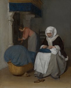 Mulher a costurar ao lado de um berço de Gerard ter Borch
