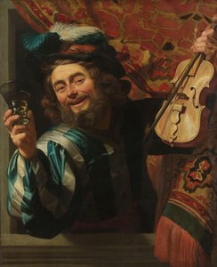 O alegre violinista Feliz violinista com copo de vinho