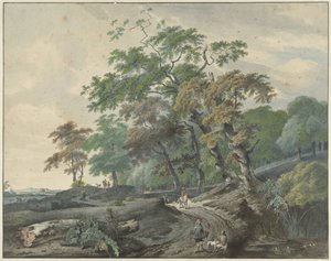 Paisagem com uma estrada através de uma floresta e um caçador de falcões