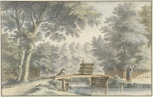 Paisagem com uma ponte sobre a qual está um pescador de Gerard van Rossum