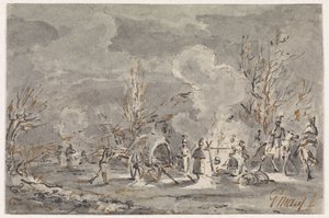 Acampamento do exército com soldados à volta da fogueira de Gerardus Emaus de Micault