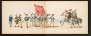 Mascarada dos estudantes de Leiden, 1855 (placa 12)
Desfile com trajes realizados pelos membros do corpo estudantil de Leiden em 12 de Junho de 1855, em celebração do 280º aniversário da Universidade de Leiden, retratando a entrada de Carlos V na Holanda. de Gerardus Johannes Bos