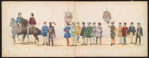 Mascarada dos estudantes de Leiden, 1855 (placa 13)
Desfile com trajes realizados pelos membros do corpo estudantil de Leiden em 12 de Junho de 1855, em celebração do 280º aniversário da Universidade de Leiden, retratando a entrada de Carlos V na Holanda.