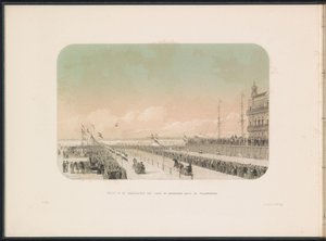 Corrida de carruagens puxadas por cavalos no Maas em Rotterdam, 1855 Vista da corrida de arreios com trenó de cavalo e bobo da corte, ao longo do Willemskade (título no objeto) O entretenimento de gelo no Maas em Rotterdam em fevereiro de 1855, com legenda de Gerardus Johannes Bos