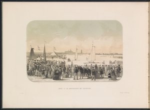 Concurso para iates à vela no gelo no Maas em Rotterdam, 1855 Vista da festa de hardsailing com barcos de gelo (título no objeto) O entretenimento de gelo no Maas em Rotterdam em fevereiro de 1855, com legendas (título da série no objeto) de Gerardus Johannes Bos