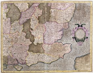 Região Sudeste de Inglaterra incluindo o Canal da Mancha e Londres (gravura de Gerardus Mercator