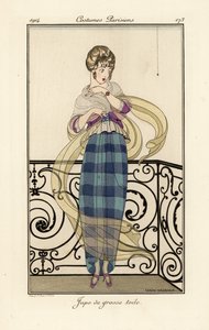 Mulher com uma saia de casa de banho grande, parecendo ter medo de uma aranha. de Gerda Marie Frederike Wegener