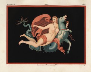 Uma nereida (ninfa do mar) com manto e braceletes montada num monstro marinho ou hipocampo, metade cavalo e metade peixe. Museo Naz. XXII, Stabiae. Desenhado e cromolitografado por Victor Steeger a partir de Emile Presuhn (1844-1878) As Mais Belas Pinturas