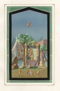 Pintura de uma paisagem da Exedra da Casa de Vesónio Primus, um fuller. Cromolitografia de Victor Steeger a partir de uma ilustração de Geremia Discanno de Emile Presuhn (1844-1878) As Mais Belas Pinturas de Pompeia, Leipzig