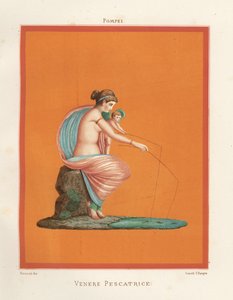 Mural de Vénus e cupido a pescar com canas de um lago. Encontrado em Regio V.V.3, a Casa dos Gladiadores. Cromolitografia de Victor Steeger a partir de uma ilustração de Geremia Discanno de Emile Presuhn (1844-1878) As Mais Belas Pinturas de Pompeia,