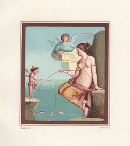 Mural de Vénus e cupido a pescar com canas do mar. Encontrado na Regio VI.XIV.28, na Taberna Lusoria. Cromolitografia de Victor Steeger a partir de uma ilustração de Geremia Discanno de Emile Presuhn (1844-1878) As Mais Belas Pinturas de Pompeia, Lei