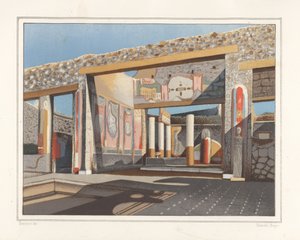 Vista do tablinum, uma sala fora do átrio, na casa do banqueiro Lucius Caecilis Iucundus, Reg V, Ins 1, 26. Cromolitografia de Victor Steeger a partir de uma ilustração de Geremia Discanno de Emile Presuhn (1844-1878) As Mais Belas Pinturas de