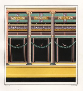 Pintura mural de uma sala da Casa dos Epigramas. V, Ins. 1, No. 18. Cromolitografia de Victor Steeger a partir de uma ilustração de Geremia Discanno de Emile Presuhn (1844-1878) As Mais Belas Pinturas de Pompeia, Leipzig