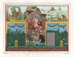 Pintura mural de Orfeu com lira do viridarium (jardim) da casa de Vesonius Primus, um fuller. Está rodeado de animais, incluindo um leão, um puma, um javali, um veado, um coelho e um flamingo azul. Cromolitografia de Victor Steeger a partir de uma ilustraç