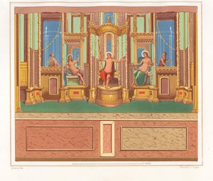 Pintura mural que mostra Baco, Vénus e Apolo a partir de uma área sentada isolada num canto de um jardim na Domus M. Herenulli Communis ou Casa de Apolo, Reg. VI, Ins. VII, n.º 23. Cromolitografia de Victor Steeger a partir de uma ilustração de Geremia Dis