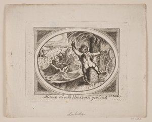 Cupido por uma palmeira, apontando para além de um mar revolto. de Gerhard Ludvig Lahde
