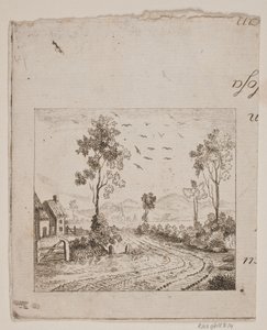 Paisagem com casa por estrada com árvore e pássaros voando