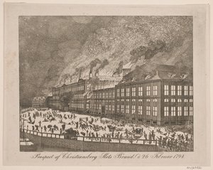 Prospecto do incêndio do Castelo de Christiansborg em 26 de fevereiro de 1794 de Gerhard Ludvig Lahde