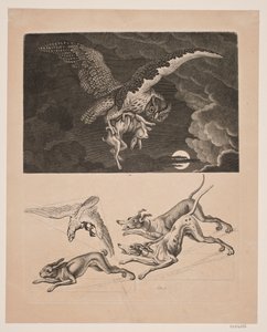 Painel com Coruja voando com lebre, abaixo; cães, lebres e falcões de caça de Gerhard Ludvig Lahde