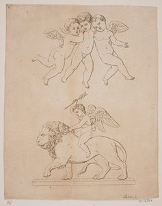 Painel com três cupidos e abaixo do cupido em um leão de Gerhard Ludvig Lahde