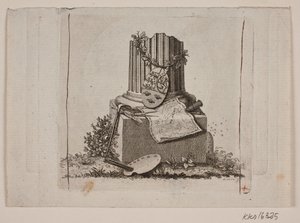 Vinheta com coluna quebrada e os braços dos três reinos nórdicos de Gerhard Ludvig Lahde