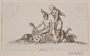 Vinheta com mulher, jovem sentado e unicórnio de Gerhard Ludvig Lahde