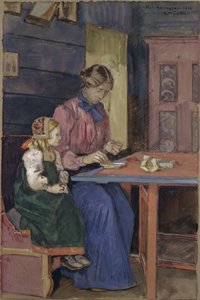 Moça de Hallingdal aprendendo a enfiar pérolas de Gerhard Peter Frantz Vilhelm Munthe