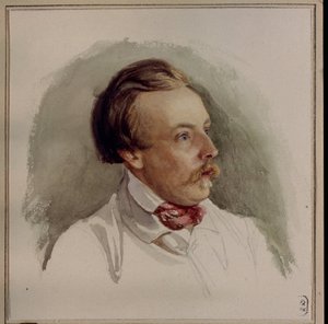Retrato do pintor Alexander (Alexander) von Kotzebue (1815-1889). (Retrato do Pintor A. von Kotzebue). Obra de Gerhard Wilhelm von Reutern (1794-1865), aquarela sobre papel, por volta de 1840. Arte alemã de Gerhard Wilhelm von Reutern