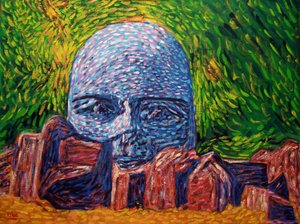 Cabeça olmeca com pedras, 2022 (óleo sobre tela) de Gerhardt Isringhaus