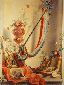 Uma faixa, flores em uma urna, um relevo, um globo, uma gravura, uma bússola, um conjunto de escrita, cartas e o Atlas de Blaeu em um nicho de Gerke Jans de Jager