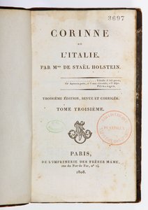 Página de rosto de Corinne ou lItalie, 3ª edição revista e ampliada, 3ª volume, Imprimerie des Freres Mame, Paris, 1808 (impresso) de Germaine de Stael