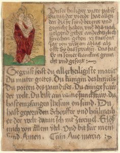 Madonna e criança em uma glória com uma indulgência e uma oração de German 15th Century