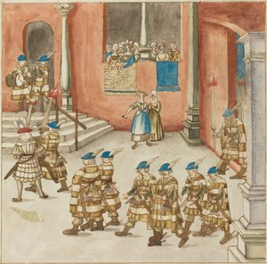 Procissão de cavaleiros vista por senhoras em uma varanda de German 16th Century