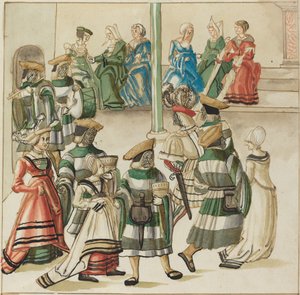Três casais dançantes liderados por dois cavaleiros na sala com coluna de German 16th Century