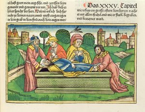 2 Crônicas 35 24 Enterro de Josias, da Bíblia de Nuremberg (Biblia Sacra Germanaica) (xilogravura colorida)