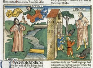 2 Reis 2 1-24 Elias sobe ao céu em um redemoinho e os meninos que zombam de Eliseu são comidos pelos ursos, da Bíblia de Nuremberg (Biblia Sacra Germanaica) (xilogravura colorida) de German School