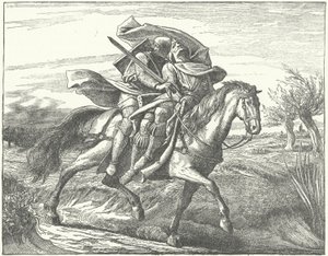 Um cavaleiro alemão carregando Valdemar II da Dinamarca para a segurança após sua derrota na Batalha de Bornhoved de German School