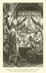 Um banquete de Huno da época de Átila (gravura) de German School