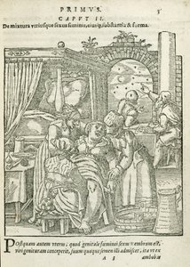 Uma mulher no trabalho, ilustração do capítulo 2, livro 1 de na concepção e crescimento do homem por Rueff, 1587 de German School
