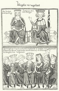 Uma representação do Sangerkrieg, um concurso entre trovadores no castelo de Wartburg, na Turíngia, em 1207, do Codex Manesse (gravura) de German School