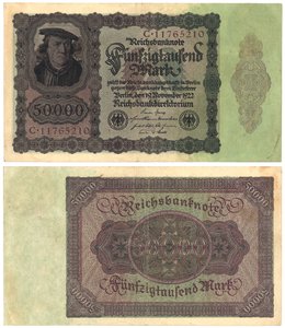 Uma nota de cinquenta mil marcos, 1922 (recto e verso) de German School