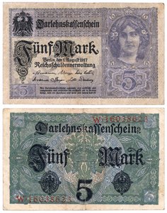 Uma nota de cinco marcos, 1917 (recto e verso) de German School
