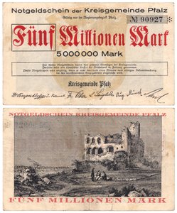 Uma nota de cinco milhões, c.1923 (recto e verso) de German School