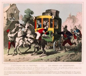 Um casal em lua-de-mel é atacado por salteadores de estrada na Itália, um panfleto panorâmico publicado por Gangel & P. Didion, Metz, c.1850 de German School