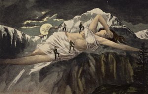 Uma mulher nua na encosta de uma montanha a ser escalada por alpinistas enquanto a lua olha (colagem)