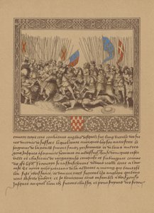 Uma página de um manuscrito francês do século XVI retratando uma cena de Crônicas de Froissarts de German School