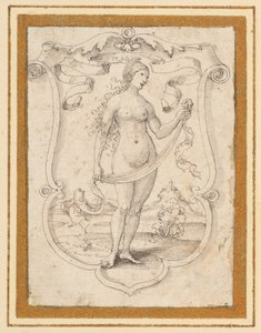 Um escudo rolado com a imagem de uma mulher nua de pé numa paisagem, com um banderole acima, talvez uma alegoria de Orgulho de German School